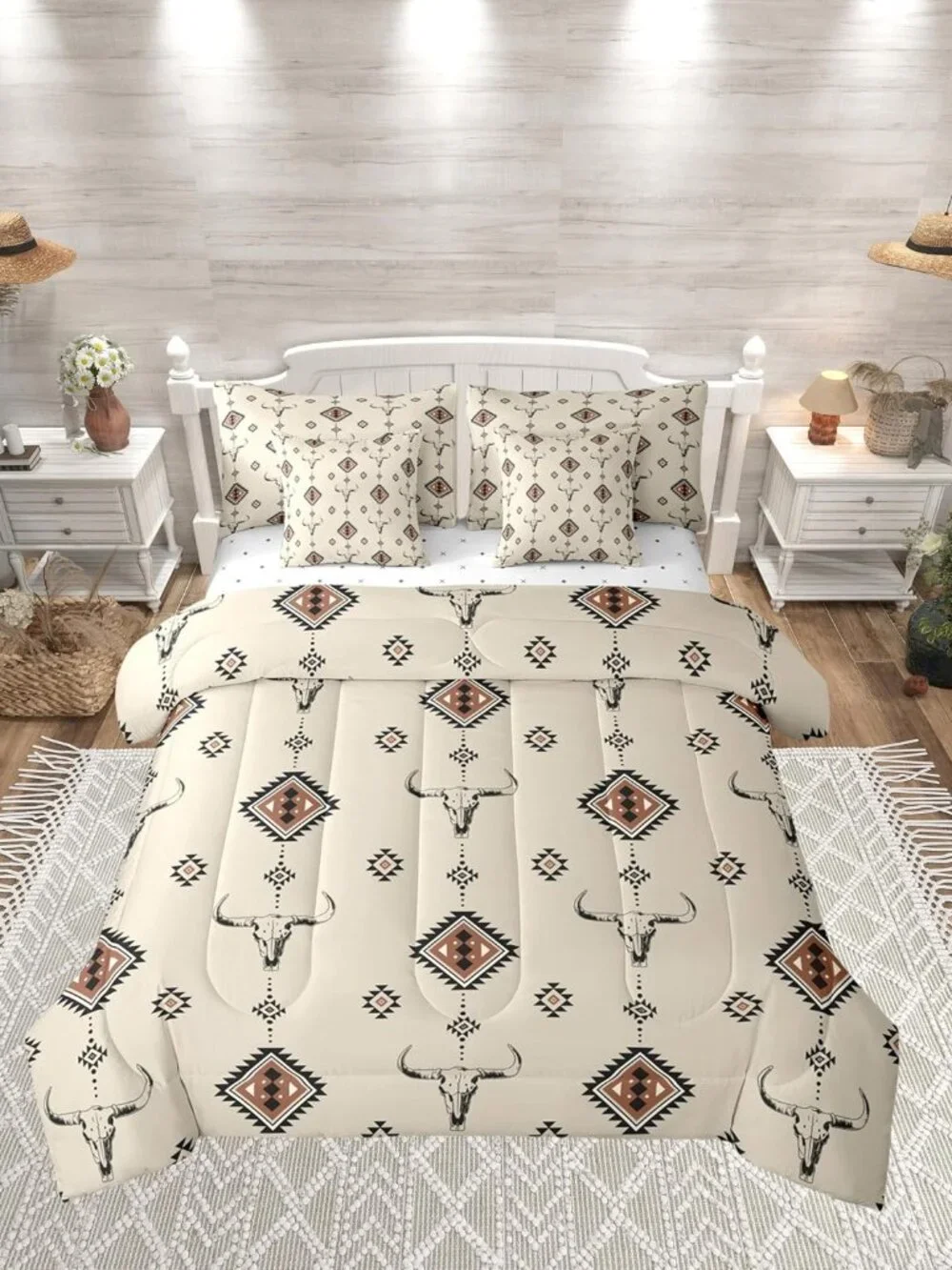 Western Reversible 7 Pieces Comforter Set,Tribal Southwestern Boho Bed Sheet Set